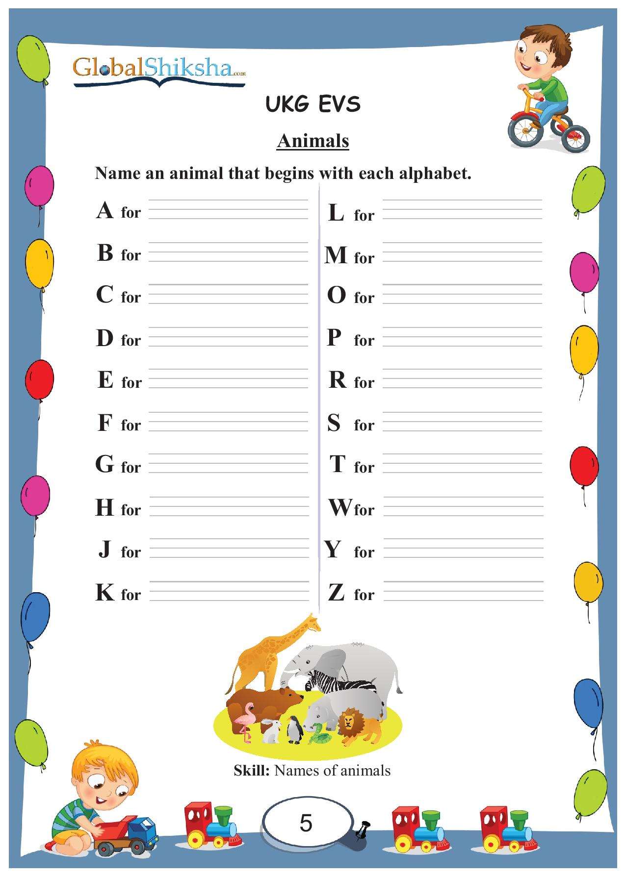 Printed Worksheets for UKG - Environmental Science (EVS) & English ( 180 worksheet + 1 parental manual )