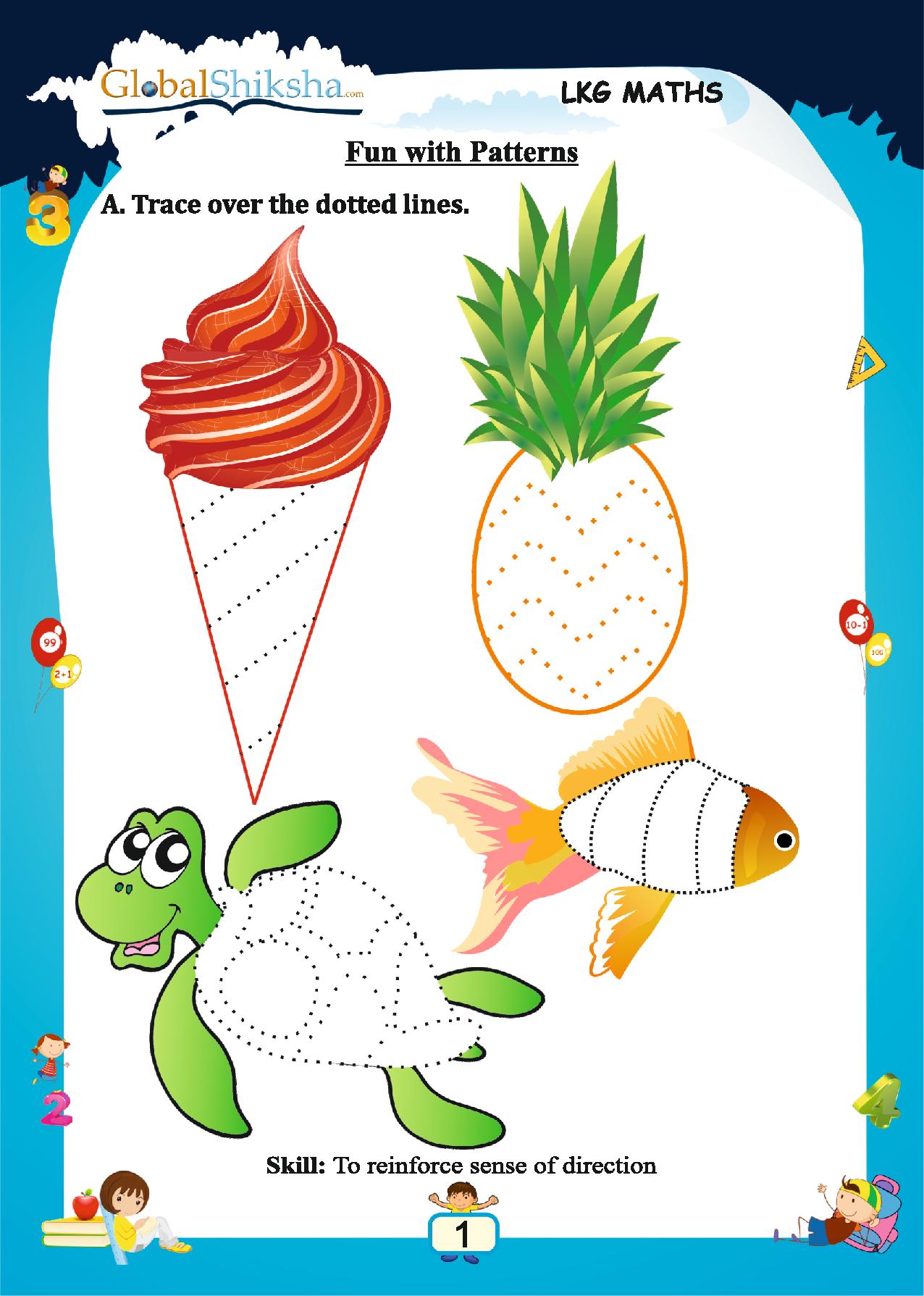 Printed Worksheets for Nursery/LKG - Maths, Environmental Science (EVS) & English ( 280 work sheets + 1 parental mannual )