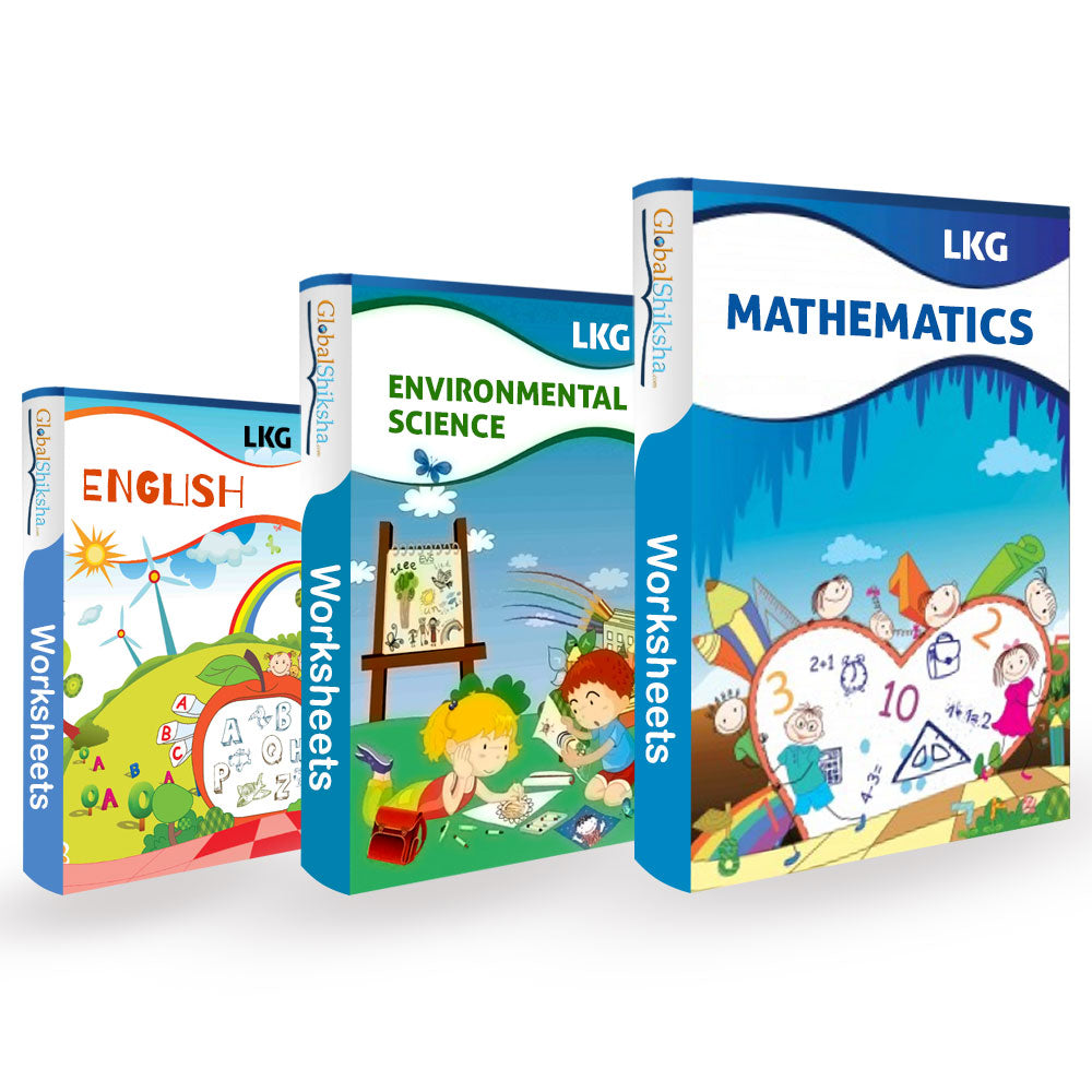 Printed Worksheets for LKG - Maths, Environmental Science (EVS) & English ( 280 work sheets + 1 parental mannual )