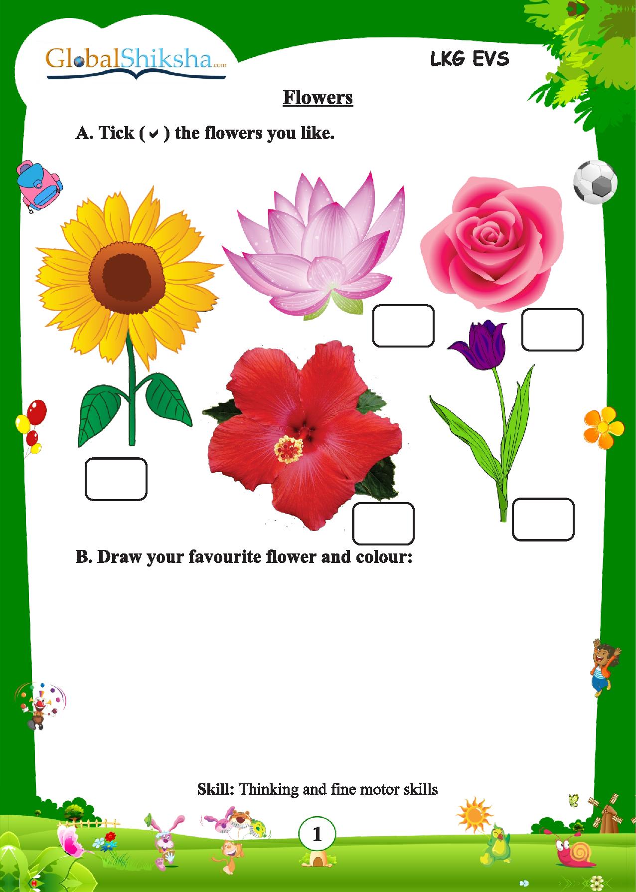 Printed Worksheets for LKG - Environmental Science (EVS) & English ( 180 work sheets + 1 parental mannual )